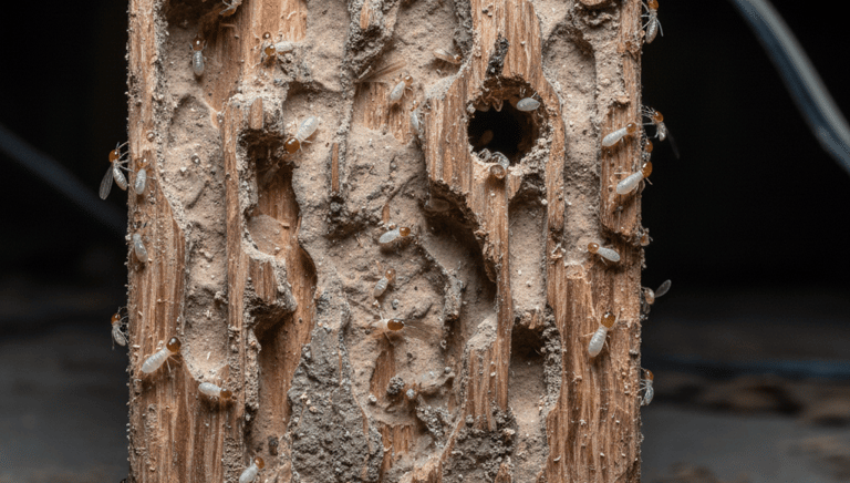 Termite infestation showing active worker termites eating through a damaged wooden support beam.