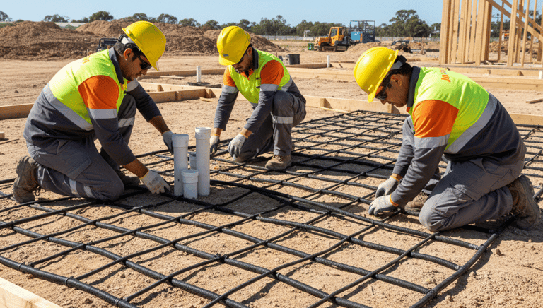 exterminators in hard hats install termite reticulation for a concrete house slab foundation.