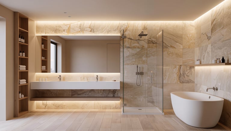 Cozy modern bathroom with warm lighting and spa-like atmosphere