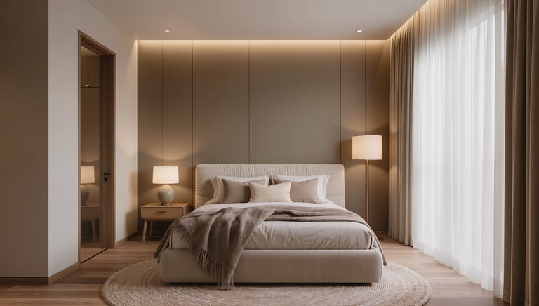 Cozy modern bedroom with warm lighting and neutral tones