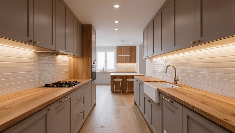 Cozy modern kitchen with wide view and warm ambient lighting