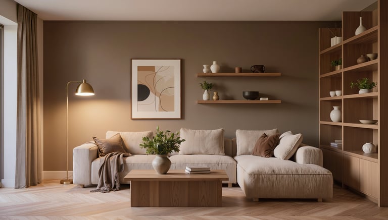 Cozy modern living room with soft textures and warm atmosphere