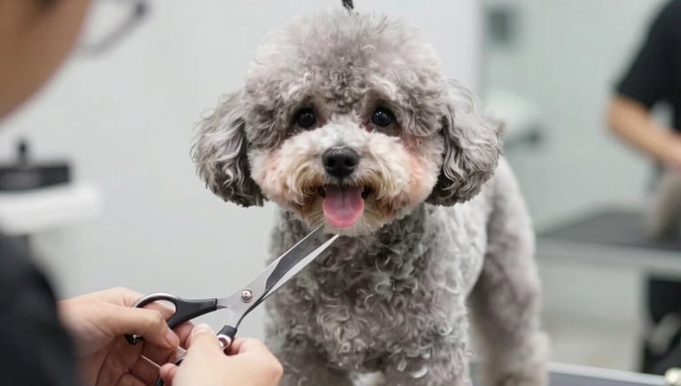 A well-groomed cat with a neat haircut sitting calmly on a grooming table.