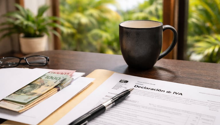 Formularios de declaración del IVA sobre un escritorio, junto a dinero en efectivo, un bolígrafo y u