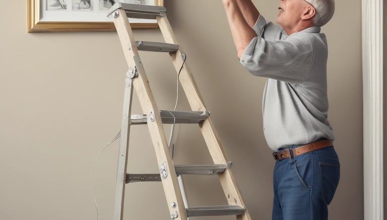 A friendly technician smiling while inspecting a cozy, well-kept living room in a sunny home.