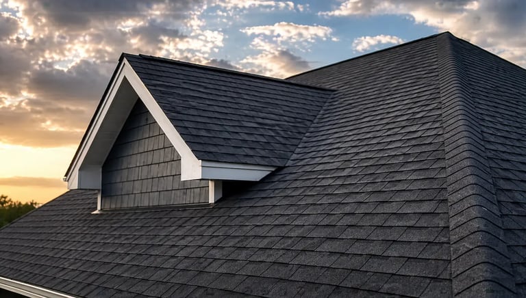 New dark grey asphalt shingle roof installation on a residential home during a golden hour sunset.