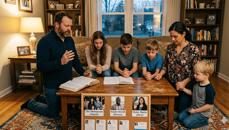 Family praying around coffee table