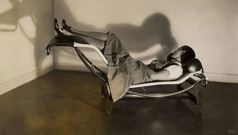 Person reclining on a modern chaise longue in a black and white photograph showing human-centered fu