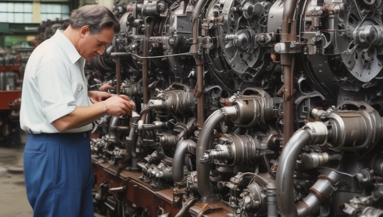 Team collaborating on site with energy equipment and blueprints.