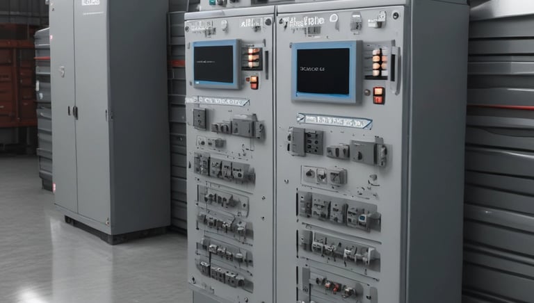 Engineer analyzing industrial control system data on multiple screens in a modern office.