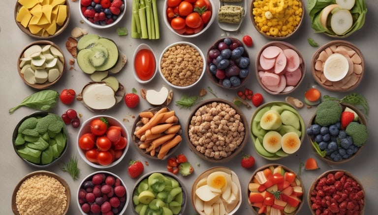 A vibrant bowl of colorful fresh vegetables and fruits arranged on a rustic wooden table.