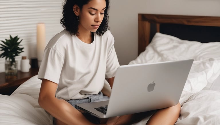 a person sitting on a bed with a laptop