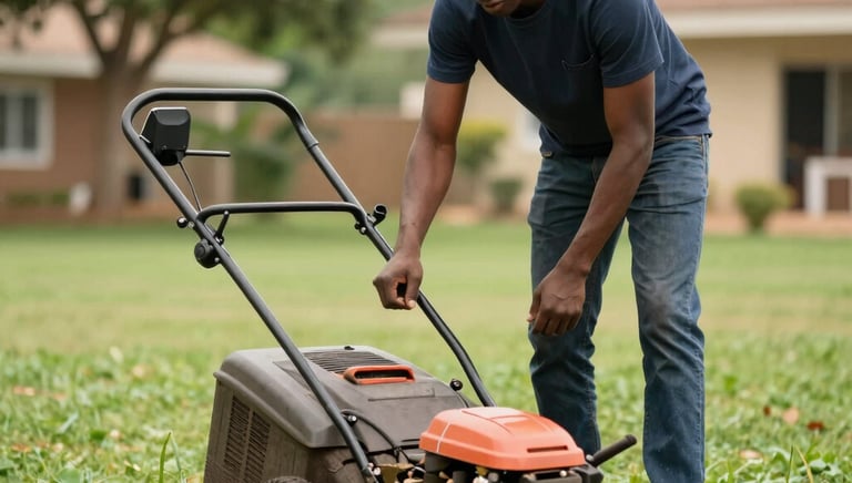 Neighbors sharing smiles while a professional trims a neatly edged lawn.