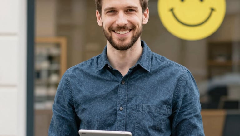 A confident business owner reviewing loan documents in a bright office
