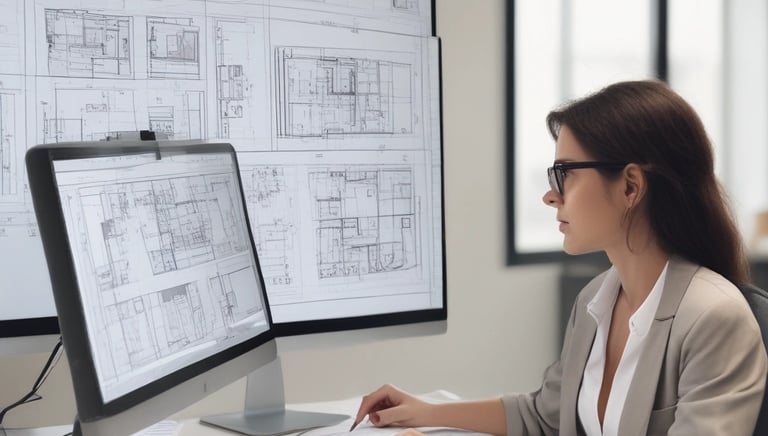 Engineers reviewing blueprints in a modern office setting.