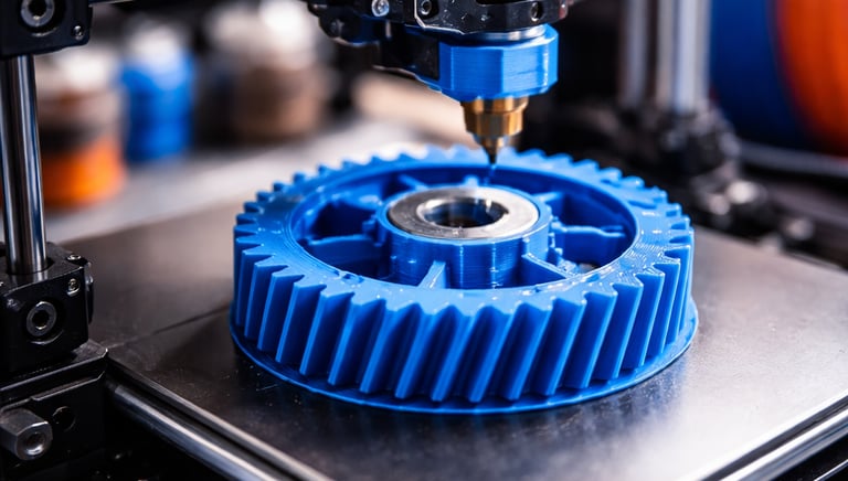 Close-up of a 3D printer nozzle extruding blue plastic filament to create a precision industrial gear.