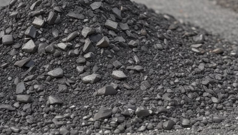 Stacks of crushed stone and bitumen drums ready for delivery at an industrial yard.