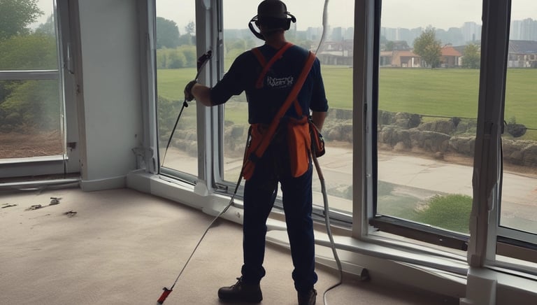 A professional cleaner in uniform carefully cleaning an office desk with a microfiber cloth.