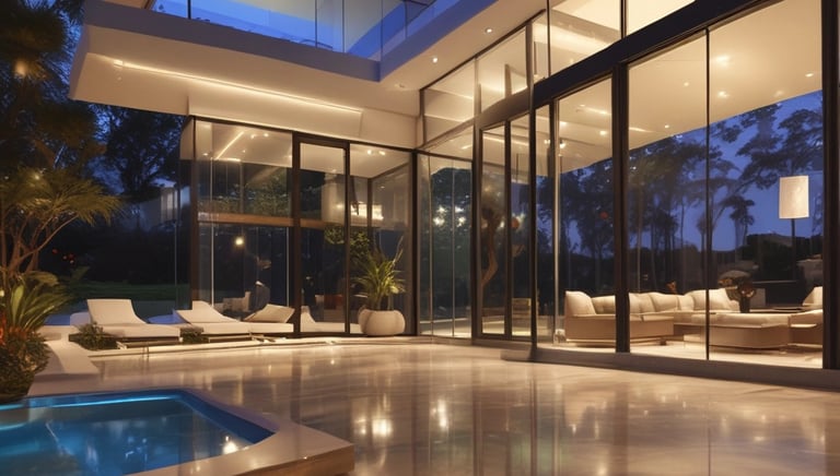 A sleek modern luxury home exterior illuminated at dusk, showcasing clean lines and premium materials.