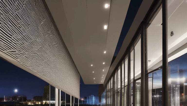 A contemporary commercial building with expansive glass facades and elegant gold accents.