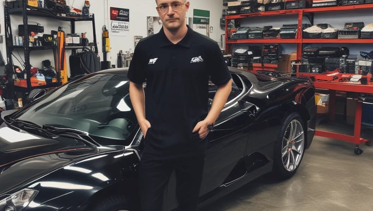 Technician carefully repairing a car door dent using paintless dent removal tools outdoors.