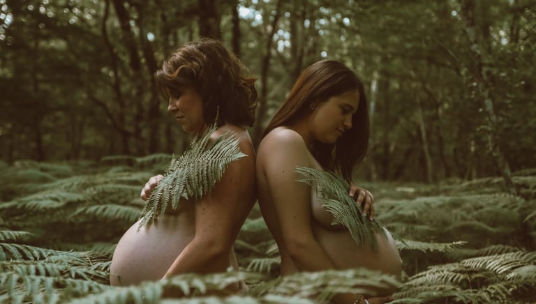 deux femmes enceintes nues dos a dos dans les fougères se cachant la poitrine en foret