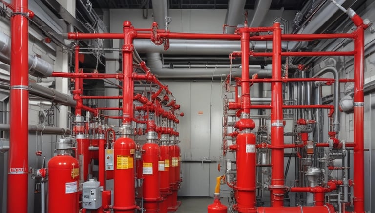 An industrial ceiling with a metal air vent and black recessed track lighting. There is a visible fire sprinkler system with red piping and modern pendant lights reflected in a glass partition.