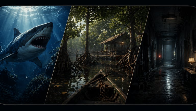 Collage featuring a great white shark, a wooden boat in a mangrove swamp, and a spooky dark hallway.