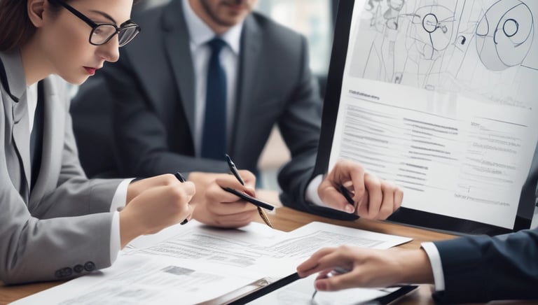 A team collaborating over contract documents with charts and timelines displayed