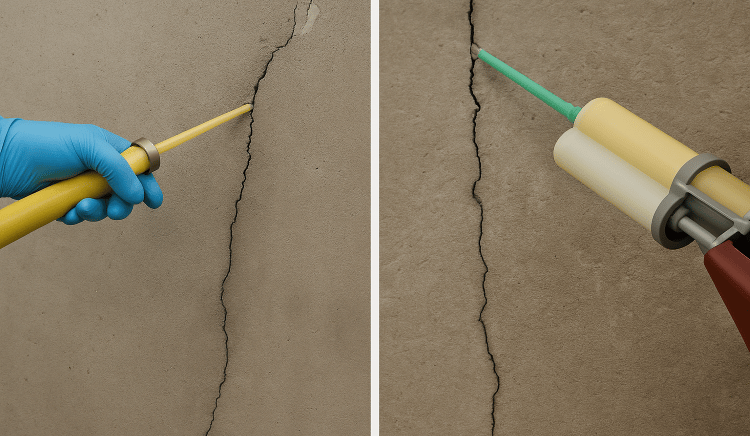 A worker injects sealant into a vertical crack in a concrete wall using an orange injection gun.