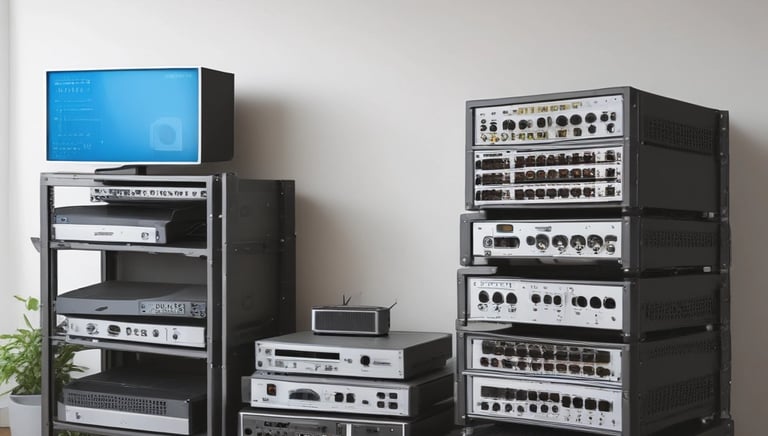 A person holding a yellow device stands next to an open telecommunications cabinet mounted on a wooden wall. The cabinet contains various networking and telecommunications equipment, including cables, routers, and a device with AT&T branding. A wall-mounted router with antennas is visible to the right.