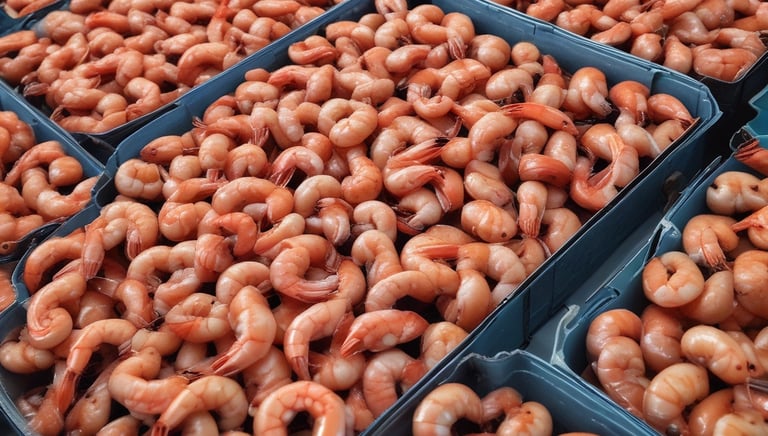 Various fresh fish and seafood are displayed on a market counter. Several types of fish, including silver and blue-toned fish, are arranged neatly in trays. Ice is used to keep the seafood fresh, and the setting appears to be a busy fish market with a variety of seafood offerings.