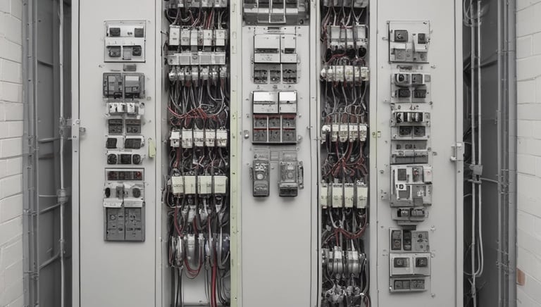 An industrial setting featuring a collection of stacked air conditioning units from various brands. A tall cylinder with hoses wrapped around it stands prominently in the foreground. The setting appears to be a cluttered storage or workshop space, with a partially visible metal roller shutter door on one side.