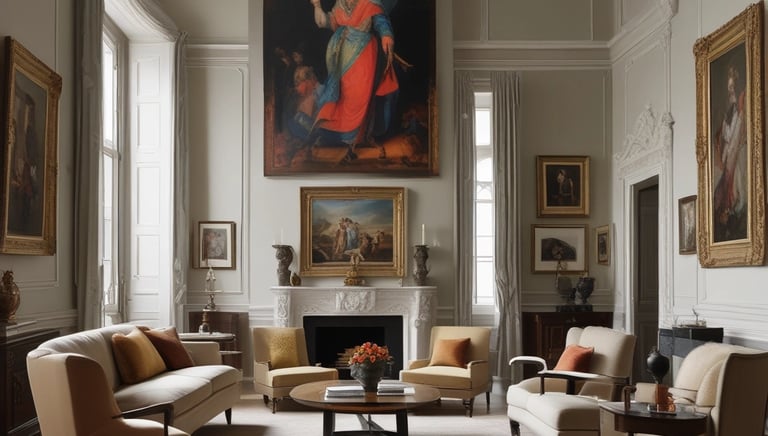 The image depicts the exterior of an art atelier gallery featuring an assortment of framed paintings displayed around the entrance. The artwork varies in style, including portraits, landscapes, and abstract pieces. A blue awning hangs above the door, and a sign prohibits photos and videos.