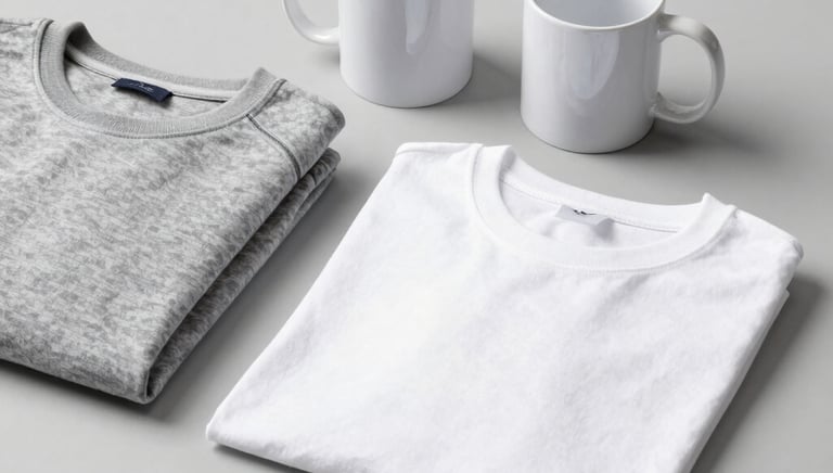A cozy workshop table with colorful personalized mugs and keychains arranged neatly.