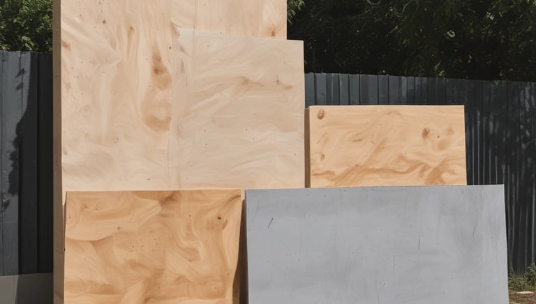 Stacks of assorted construction materials arranged neatly at a building site under clear skies.