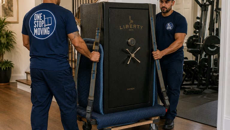 professional movers using equipment to safely move a heavy safe and gym equipment