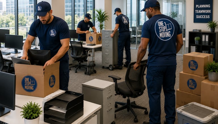 Professional movers in blue uniforms packing boxes and relocating office furniture in a modern corporate space.