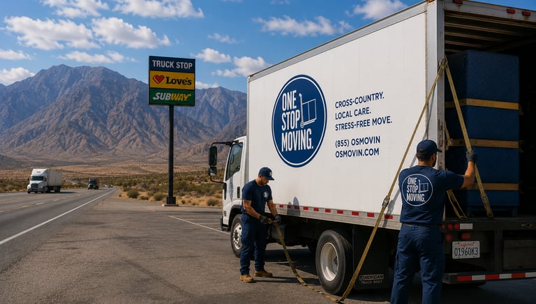 Professional movers loading a One Stop Moving truck at a desert truck stop with mountains in the background.