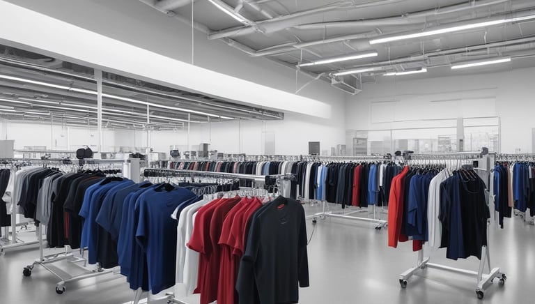 A textile workshop with numerous sewing machines arranged in two rows along a spacious, well-lit room. Several workers are seated at the machines, diligently crafting or sewing garments. The space is organized yet filled with fabric pieces scattered on the floor, contributing to a busy atmosphere. Overhead, fluorescent lights evenly illuminate the area, and large windows line the walls, allowing natural light to filter in.
