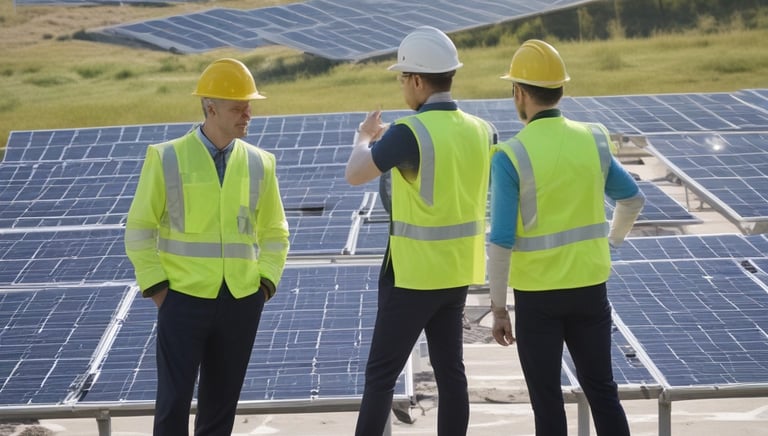 Aerial view of a solar farm with rows of photovoltaic panels under a clear sky