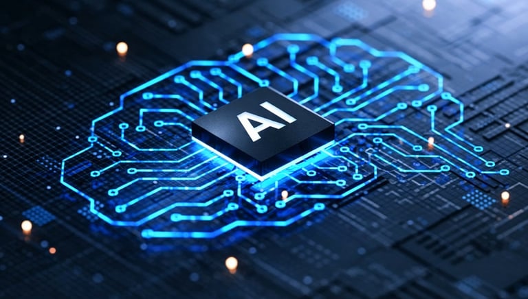 computer motherboard with AI chip and connectors in the shape of a brain.
