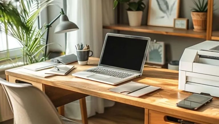 laptop sitting on a wooden desk.