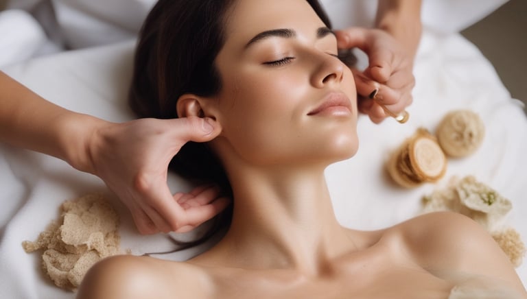 A person is lying face down with smooth black stones placed along their spine. Another person's hands are arranging the stones. Orchid flowers are present, adding a serene and natural touch to the scene. The setting suggests a spa or massage environment focused on relaxation.