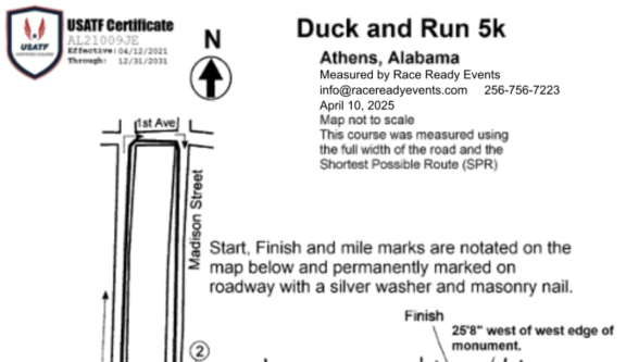 An example of a USATF certified 5K racecourse in Athens Alabama
