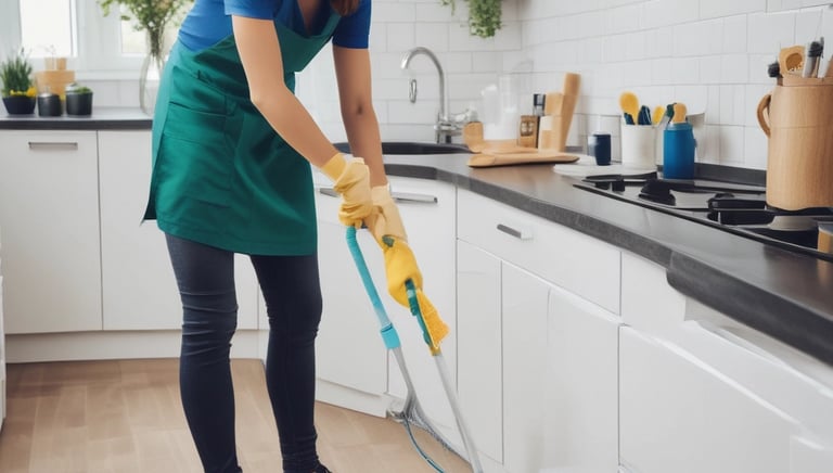 Two people wearing masks are engaged in cleaning activities outside a building with large windows. One person is pushing a line of shopping carts, while the other is sweeping the ground with a broom. The background consists of a paneled wall and a window with visible reflections.