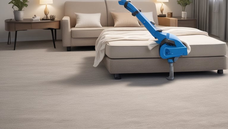 Two people wearing masks are engaged in cleaning activities outside a building with large windows. One person is pushing a line of shopping carts, while the other is sweeping the ground with a broom. The background consists of a paneled wall and a window with visible reflections.