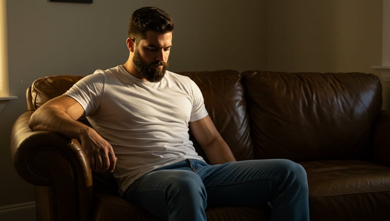 Man sitting on a brown couch looking serious in a dark room