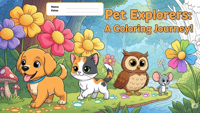 sampul ebook mewarnai dengan anjing, kucing dan owl
