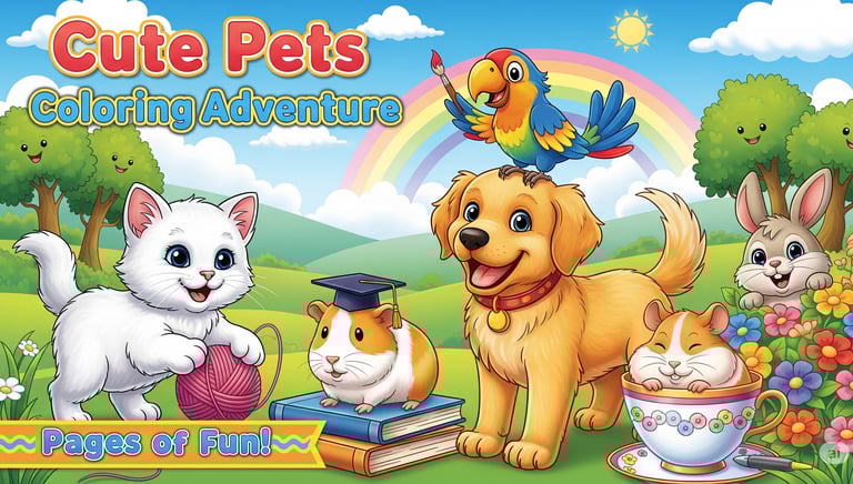 buku mewarnai dengan karakter kucing, anjing, marmut, burung dan kelinci